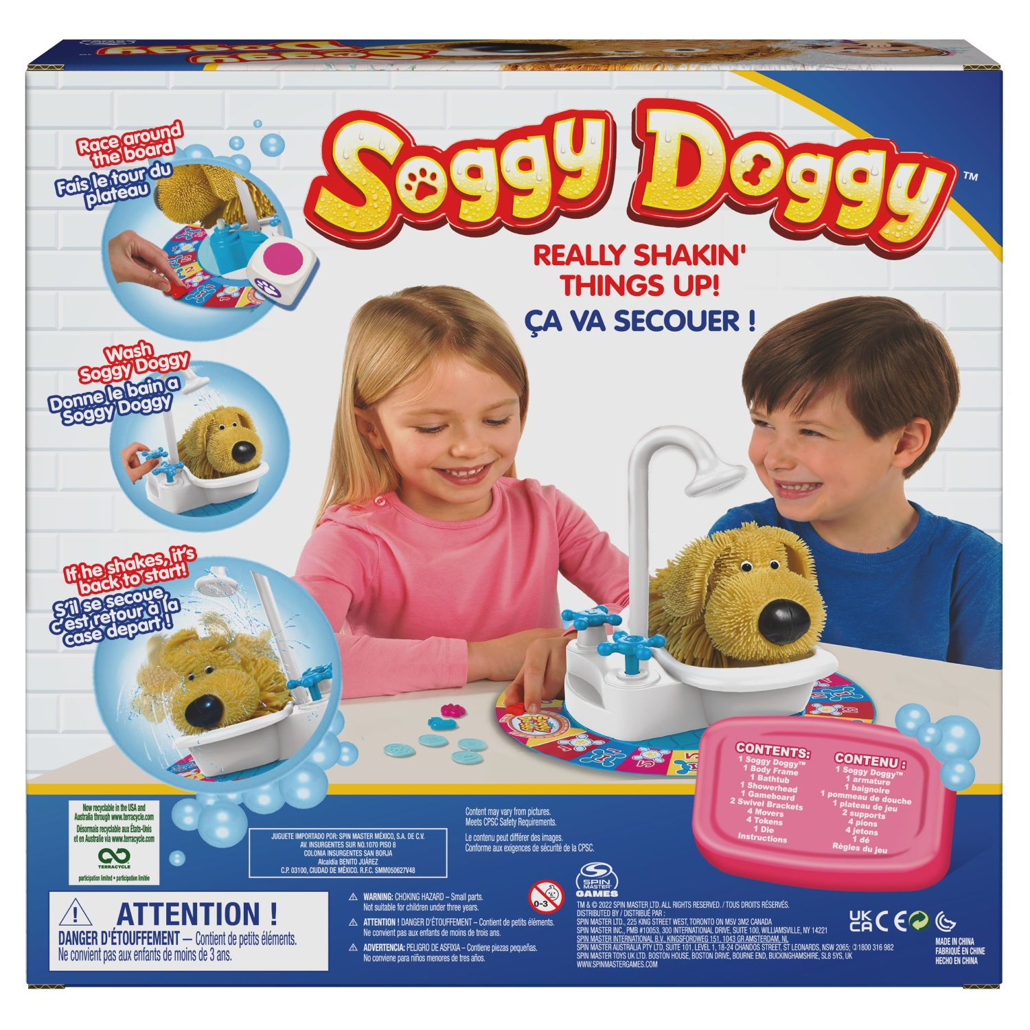 Soggy Doggy board game box showing two children playing with a yellow toy dog in a bathtub on a game board, with gameplay visuals