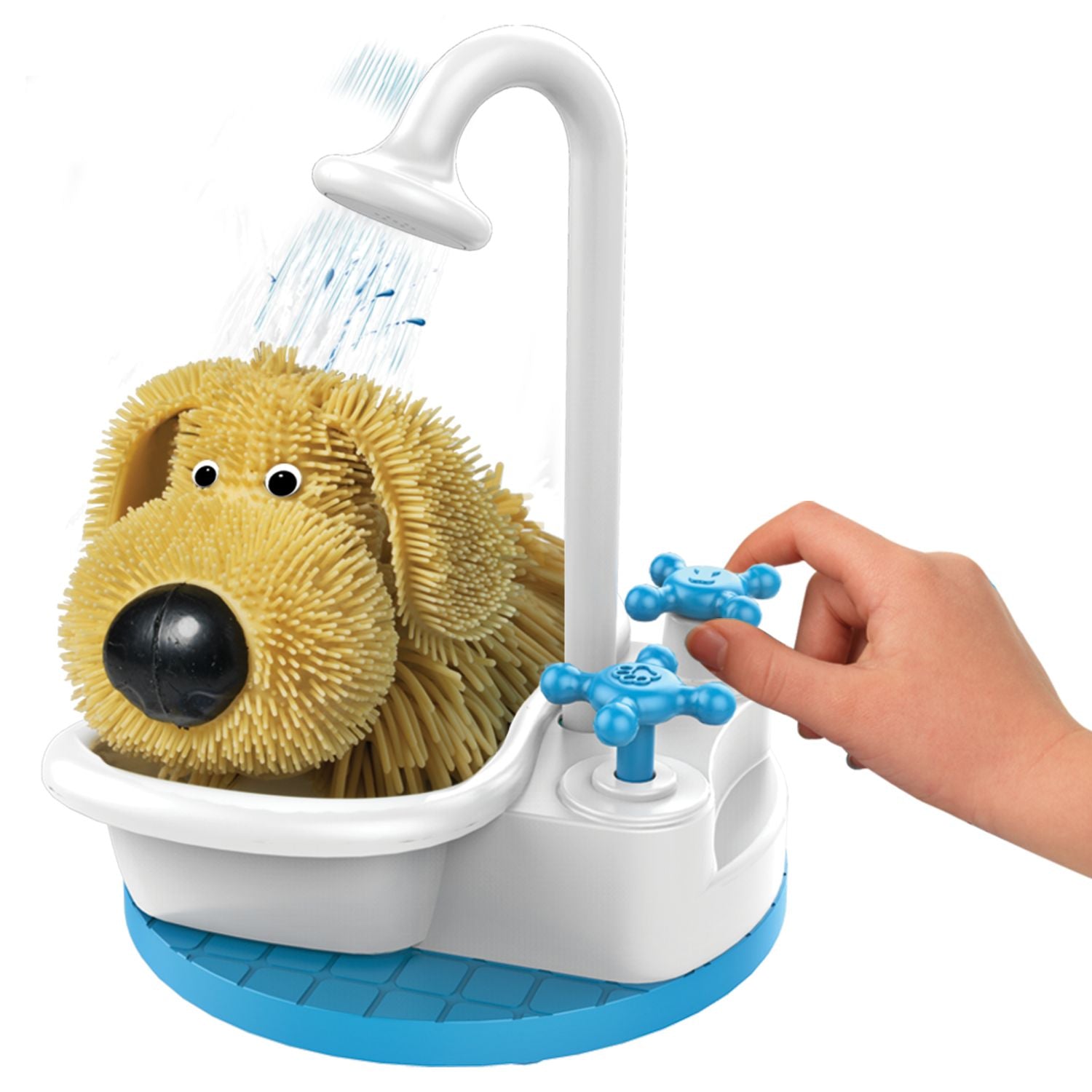 Child's hand operates a white and blue dog bath toy set, showering a yellow spiky toy dog in a tub