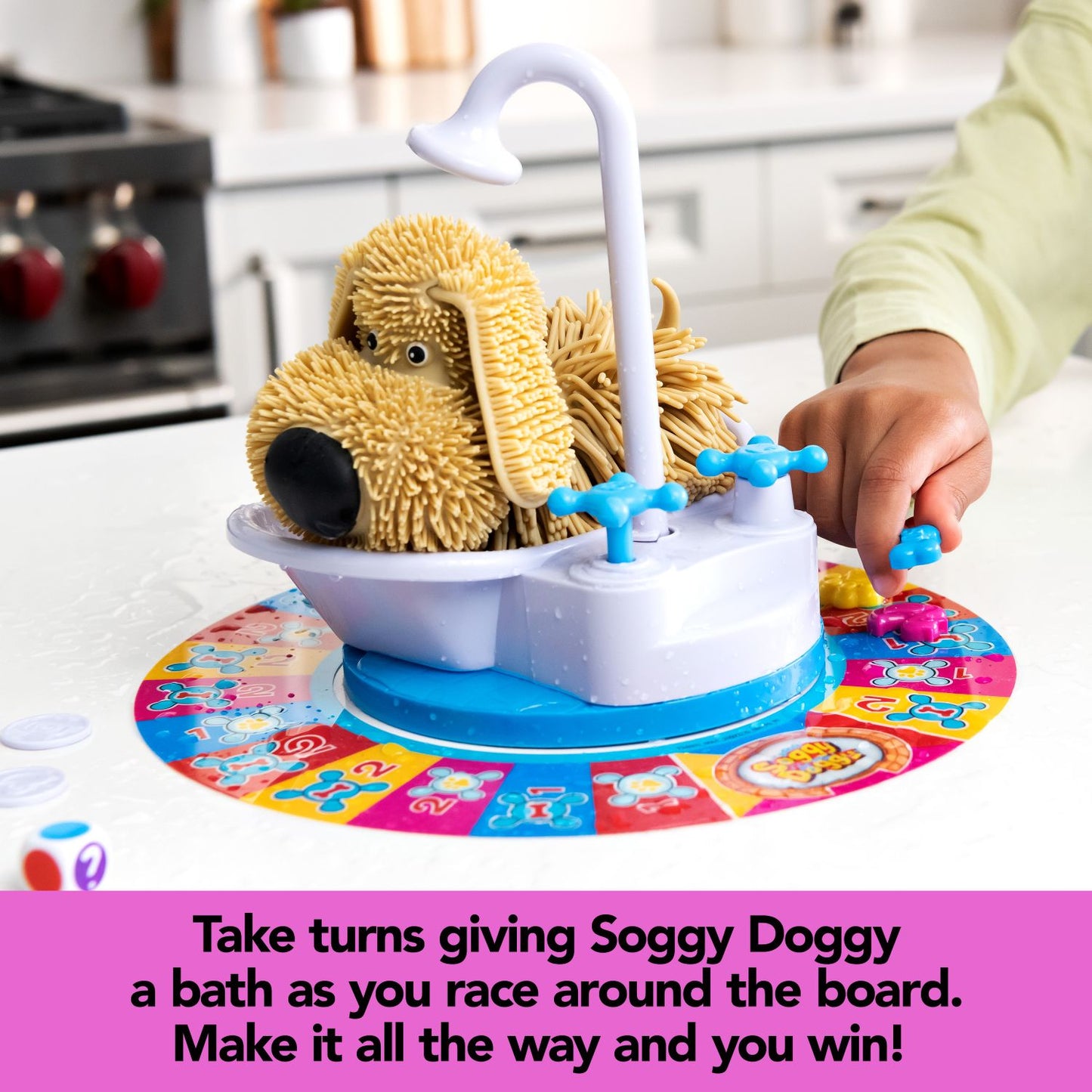 Child plays Soggy Doggy game: shaggy toy dog in a tub, colourful game board, blue faucet, dice, and pieces on a white counter