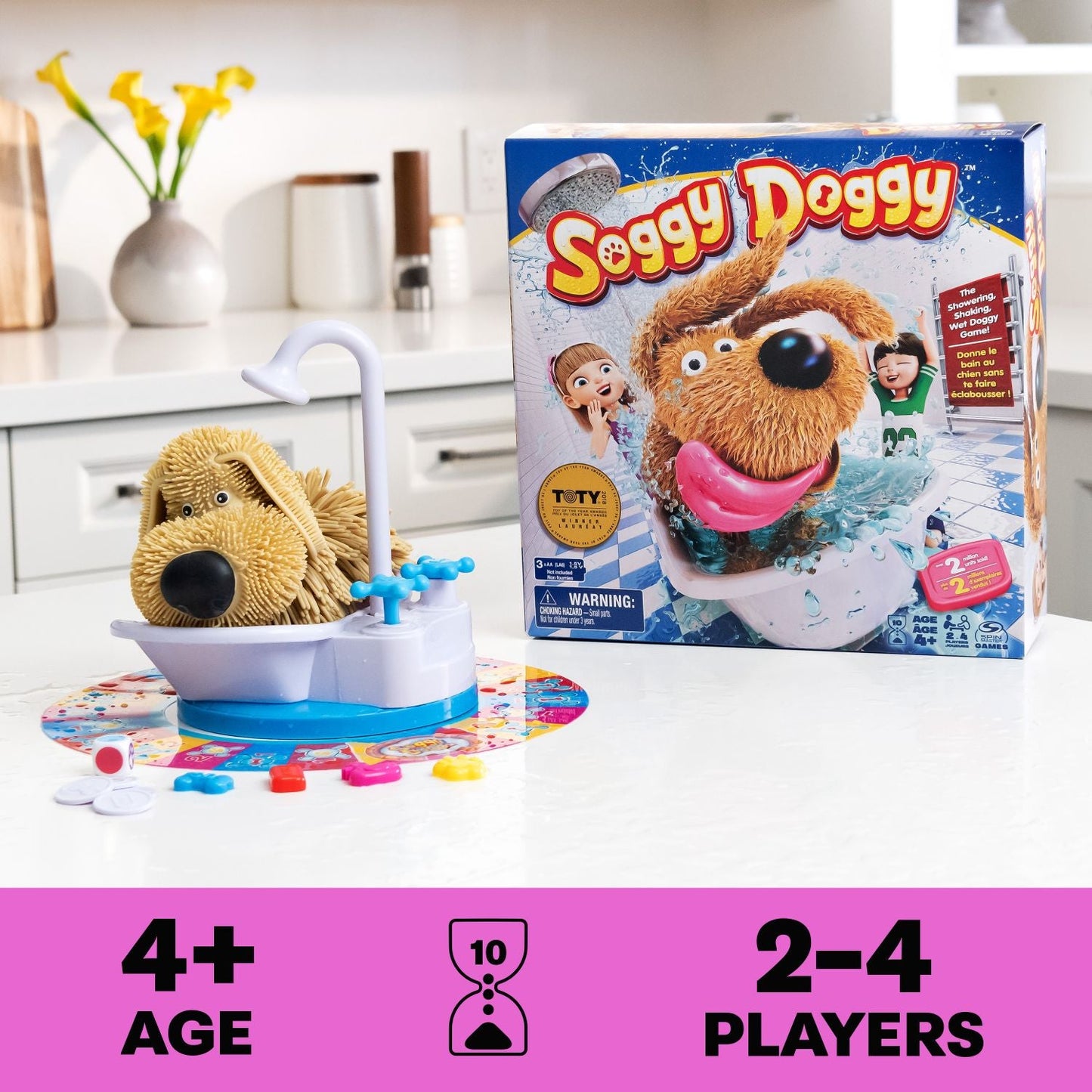 Soggy Doggy board game with a spiky plush dog in a bathtub, game pieces, and the game box