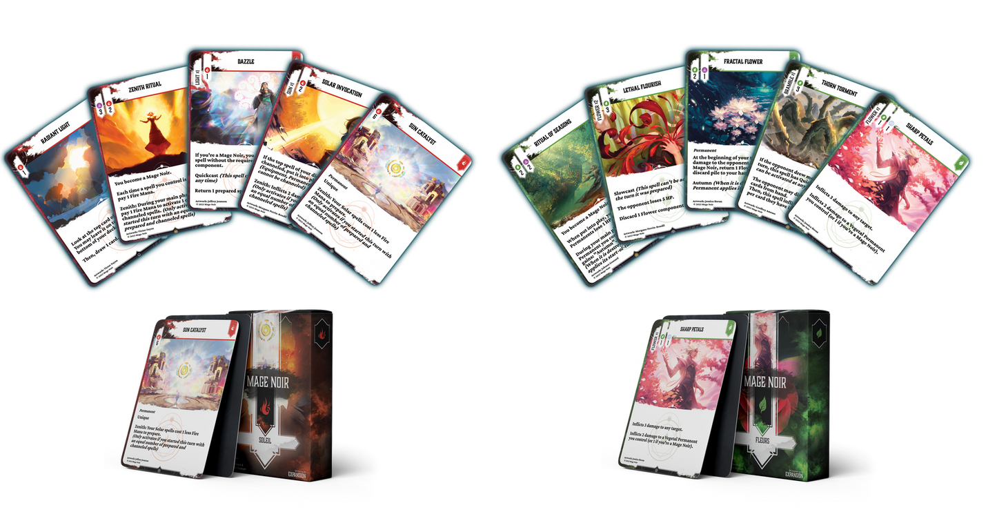 Two sets of card game boxes and fanned cards one with fiery designs and one with nature designs