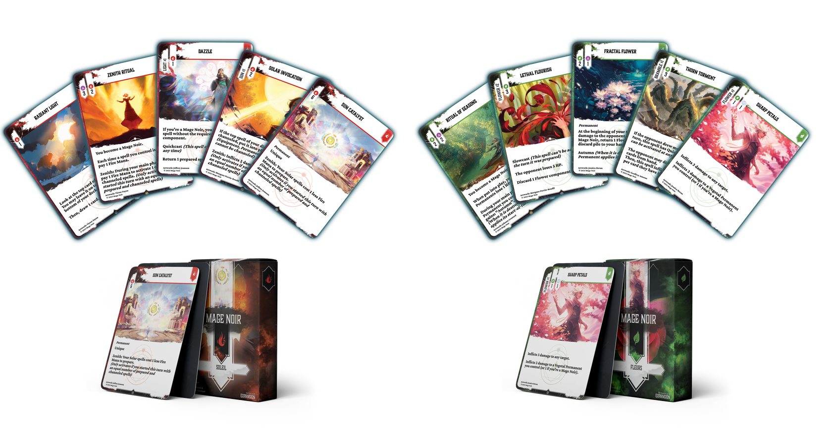Two sets of card game boxes and fanned cards one with fiery designs and one with nature designs