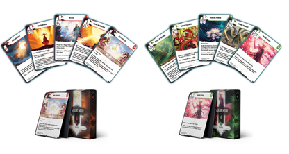 Two sets of card game boxes and fanned cards one with fiery designs and one with nature designs