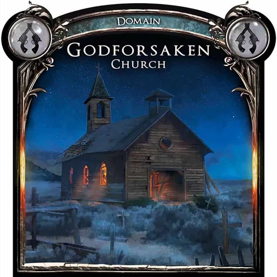 A dilapidated wooden church, titled &quot;Godforsaken Church,&quot; glows eerily at night under a starry sky in a desolate landscape