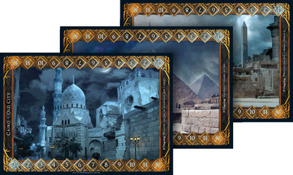 Three ornate game cards showcasing Egyptian-themed art: a Cairo mosque at night, pyramids, and an obelisk in ruins