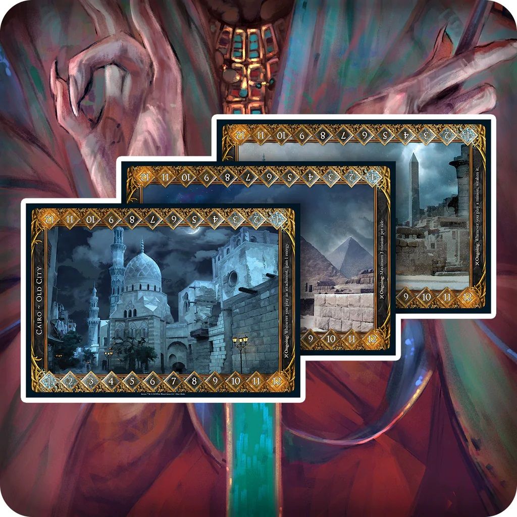 Stylized hand holds three overlapping game cards depicting Egyptian cities, pyramids, and an obelisk