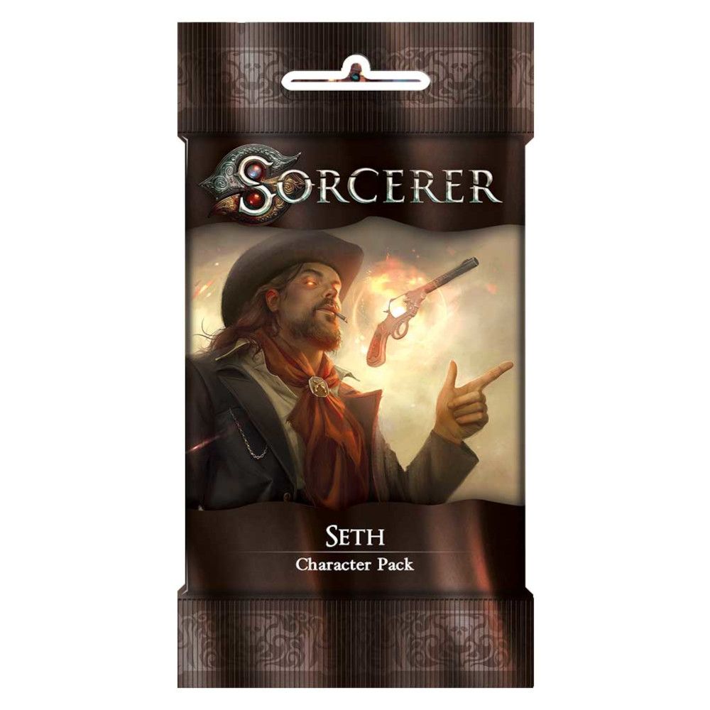 Sorcerer: Seth Character Pack. A man in a cowboy hat with glowing eyes points at a levitating, glowing revolver