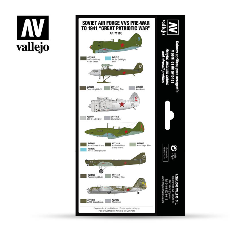 Vallejo acrylic paint set box displaying six Soviet WWII aircraft profiles with corresponding paint colors and codes