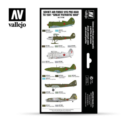 Vallejo acrylic paint set box displaying six Soviet WWII aircraft profiles with corresponding paint colors and codes