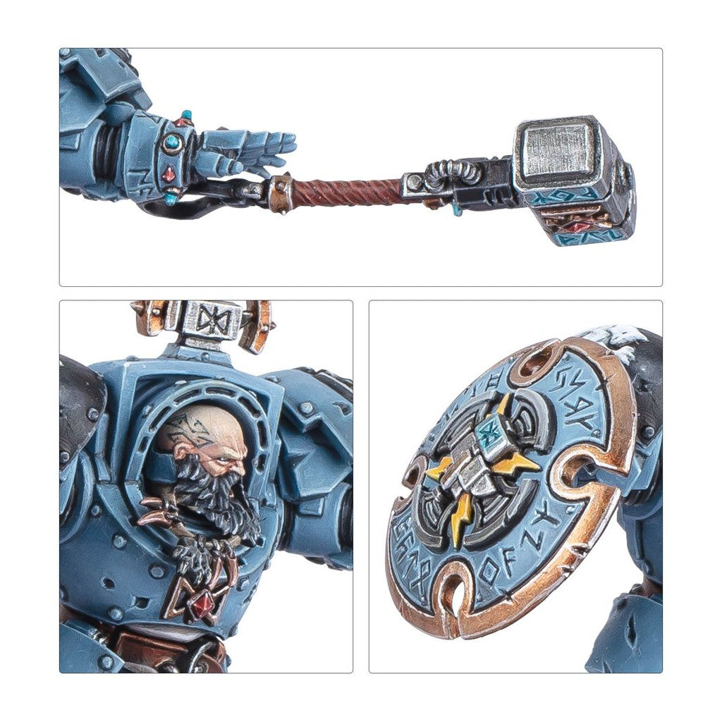 Detailed Warhammer 40k Space Wolves Dreadnought: power hammer, bearded pilot, and runic shield