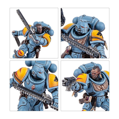 Four close-ups of a light blue & yellow Space Marine miniature with chainsword & pistol, showing helmeted & bare heads