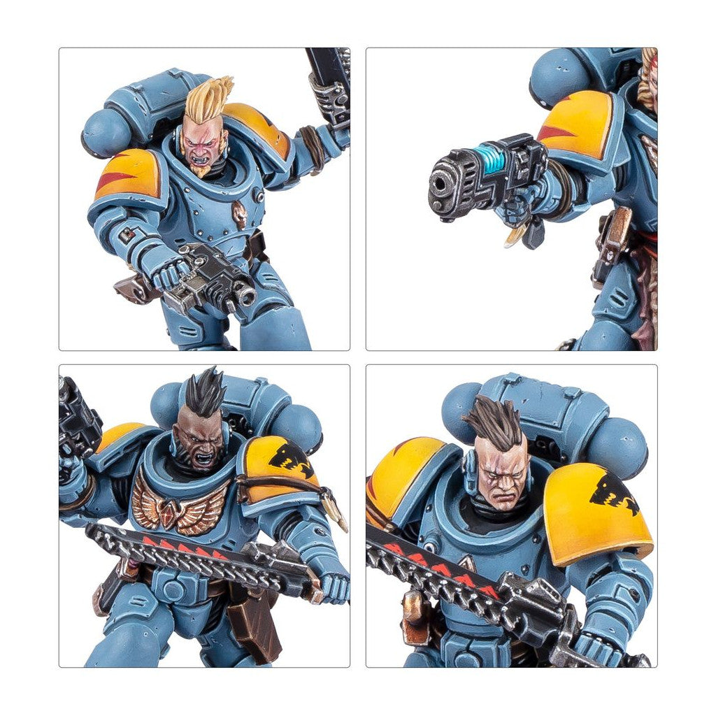 Four dynamic views of Space Wolf miniatures: blue power armor with yellow shoulders, armed with various weapons including a chainsword