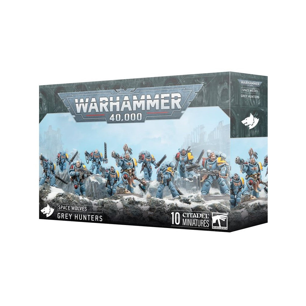 Warhammer 40,000 Space Wolves Grey Hunters box with 10 armored miniatures, wielding weapons, on snowy terrain
