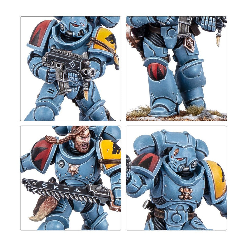 Close-up views of painted Warhammer 40K Space Wolves miniatures in blue armor with bolter and chainsword