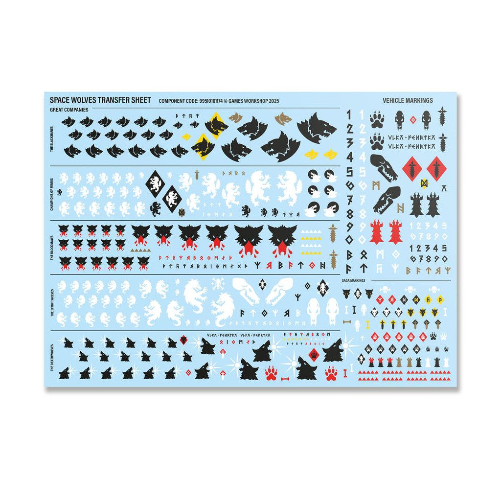 Space Wolves miniature transfer sheet displaying black, white, red, and yellow wolf, rune, and vehicle markings on a light blue background