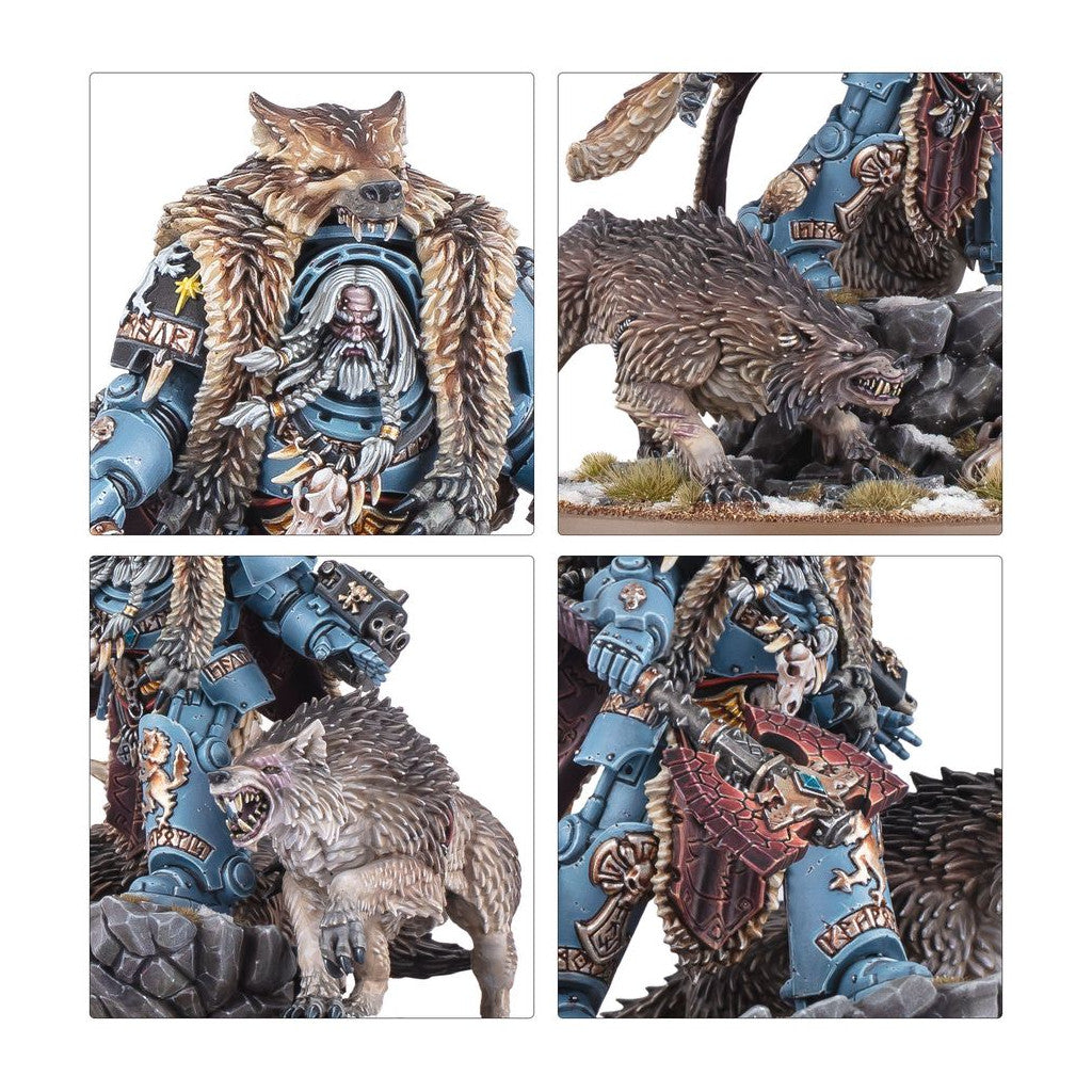 Close-up shots of a Warhammer 40k Space Wolf miniature: a blue armored warrior with fur, a white beard, and a snarling wolf
