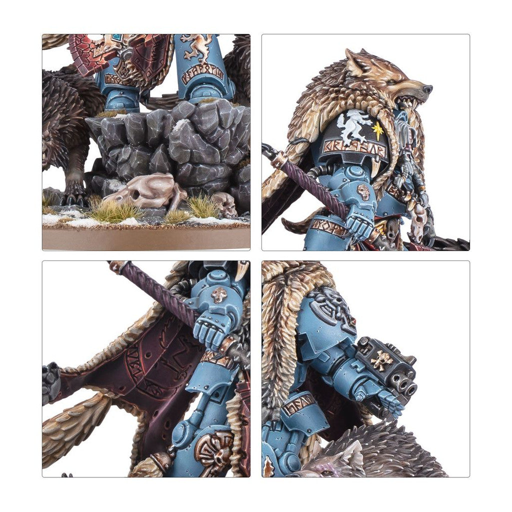 A blue-armored Space Marine miniature in wolf pelts, holding a spear and gun, on a rocky, snowy base with skulls