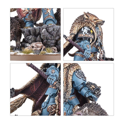 A blue-armored Space Marine miniature in wolf pelts, holding a spear and gun, on a rocky, snowy base with skulls