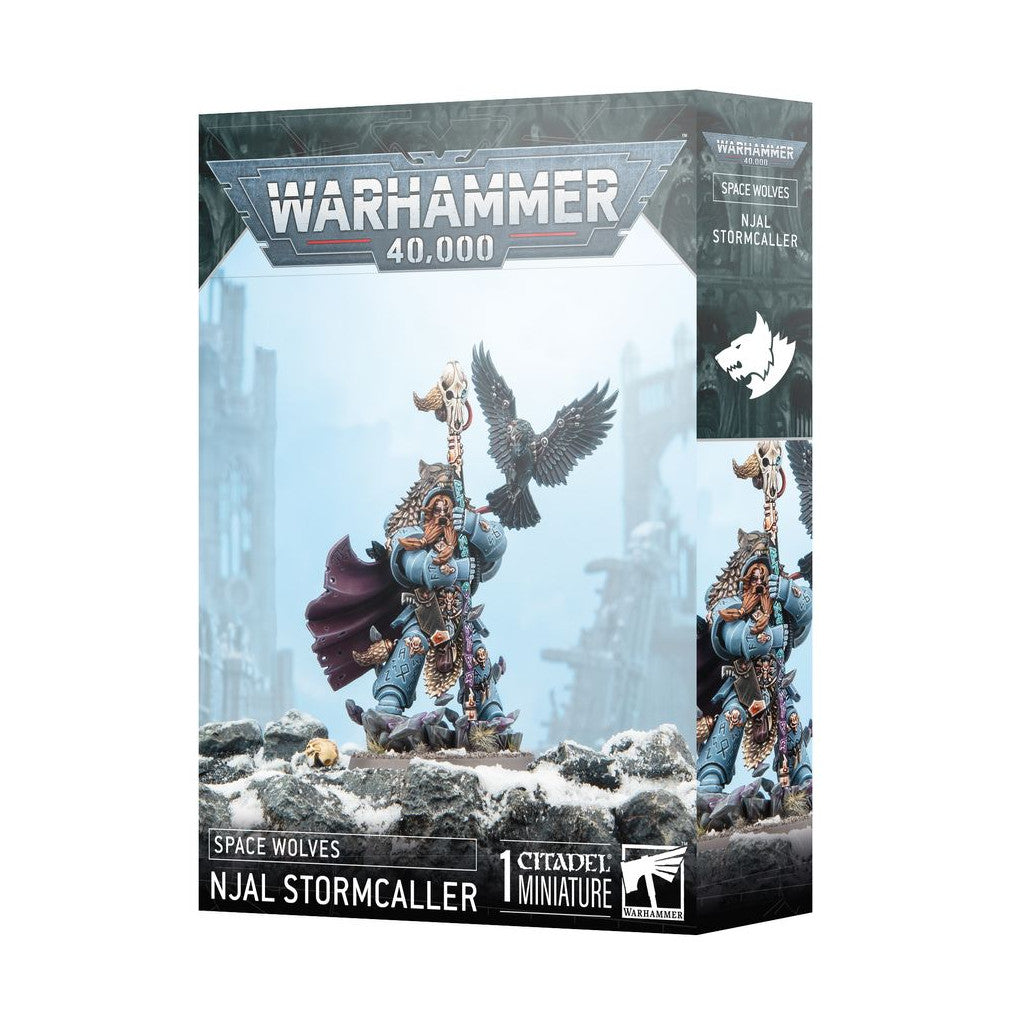 Warhammer 40,000 Njal Stormcaller miniature box, Blue-armored Space Wolf with staff and flying raven, set in a snowy ruin