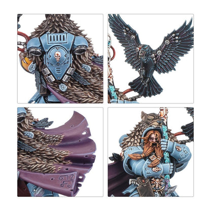 Detailed miniature of a blue armored Space Wolf warrior with fur, a beard, a rune staff, and a raven
