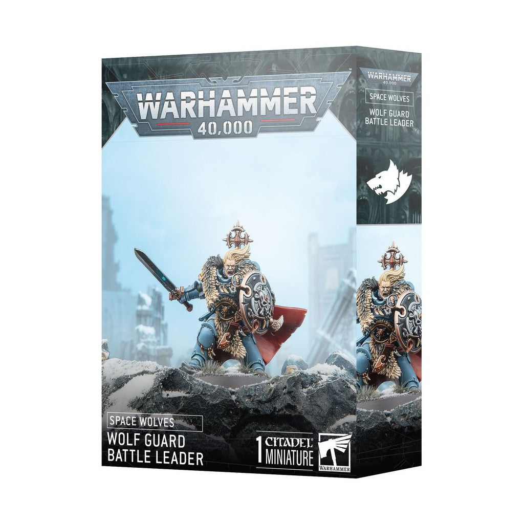 Warhammer 40,000 box: Space Wolves Wolf Guard Battle Leader miniature, a fur-clad warrior with sword and wolf shield
