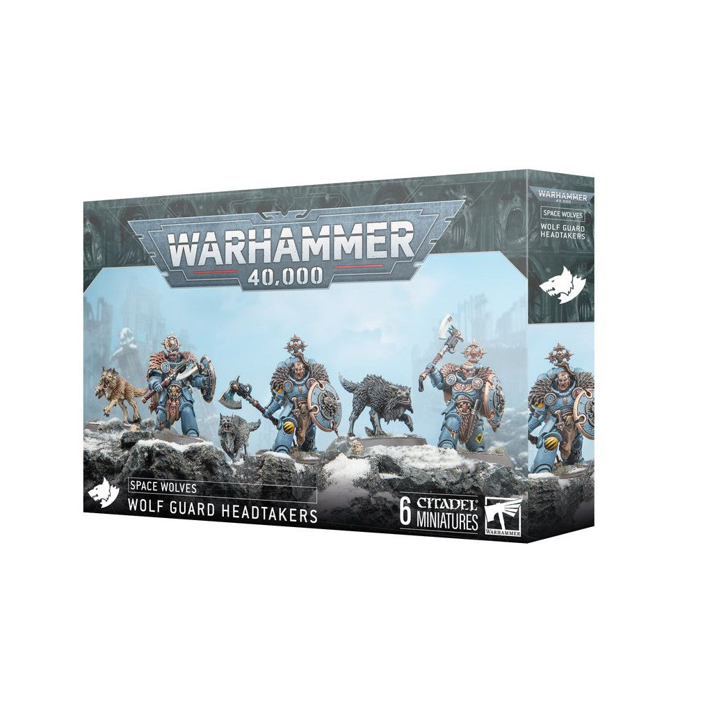 Warhammer 40K Space Wolves Wolf Guard Headtakers miniatures box: 6 armored warriors and wolves on snowy terrain