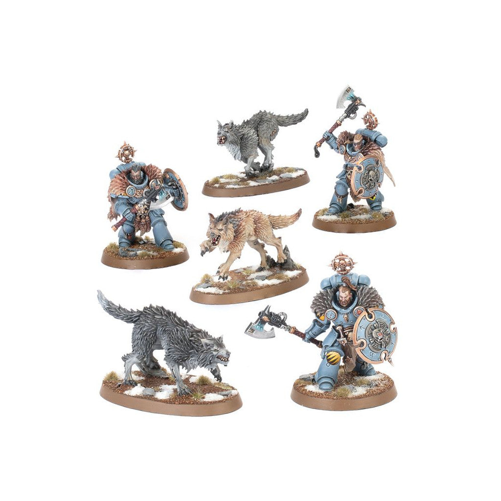Six Space Wolves miniatures: three armored warriors with axes and shields, and three snarling wolves on snowy bases