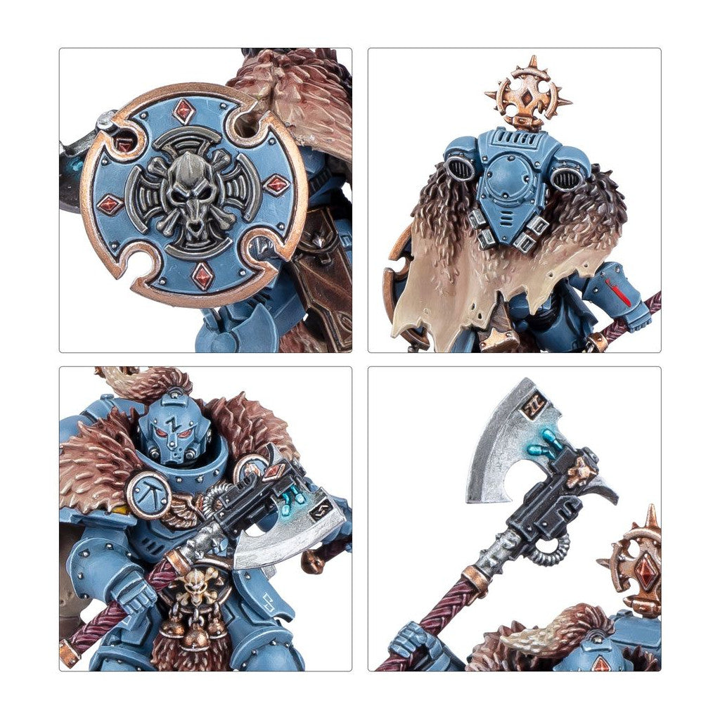 Blue armored Space Marine miniature with fur, holding a skull shield and a large axe, in four close-ups