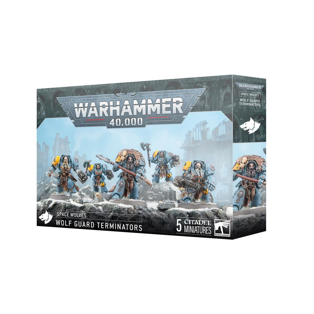 Warhammer 40,000 box: 5 Space Wolves Wolf Guard Terminators miniatures, heavily armored with weapons
