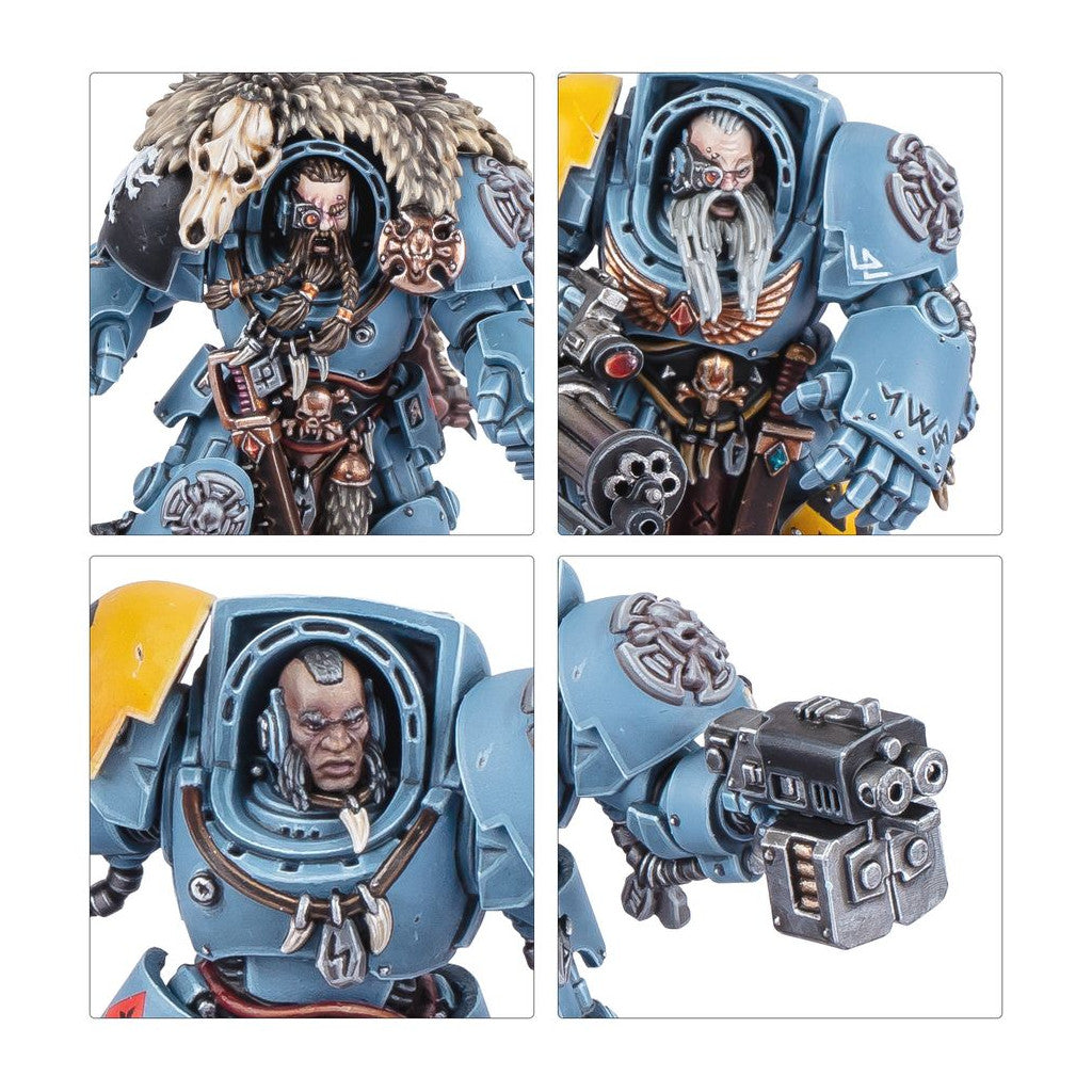 Detailed shots of a light blue armored Space Wolf miniature, showing wolf fur, diverse faces, and various heavy weapons
