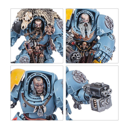 Detailed shots of a light blue armored Space Wolf miniature, showing wolf fur, diverse faces, and various heavy weapons