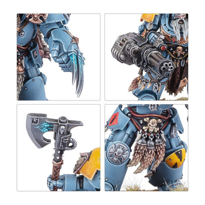 Detailed views of a grey miniature warrior with powerful glowing weapons and ornate, fur-trimmed armor