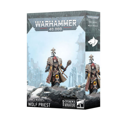 Warhammer 40,000 Space Wolves Wolf Priest kit box. Shows armored figure with fur, holding pistol and mace on snowy ruins