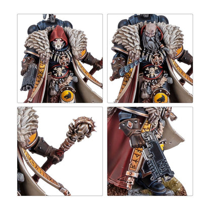 Four close-ups of a detailed Space Wolf miniature, Features fur cloak, ornate armor, masked/bearded heads, and various weapons
