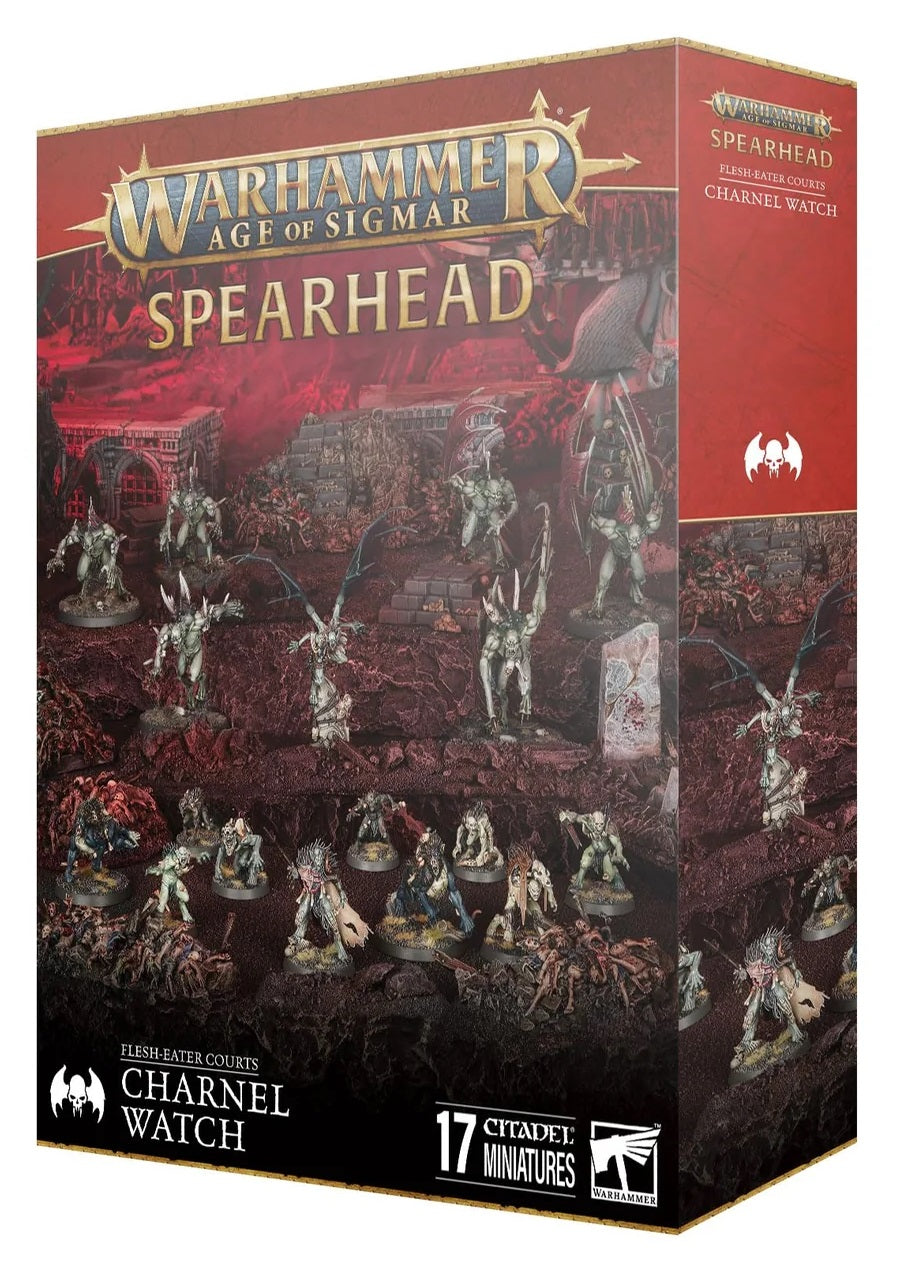 Warhammer: AoS Spearhead Charnel Watch box, showing 17 Flesh-Eater Courts ghoul miniatures on a red, desolate battlefield
