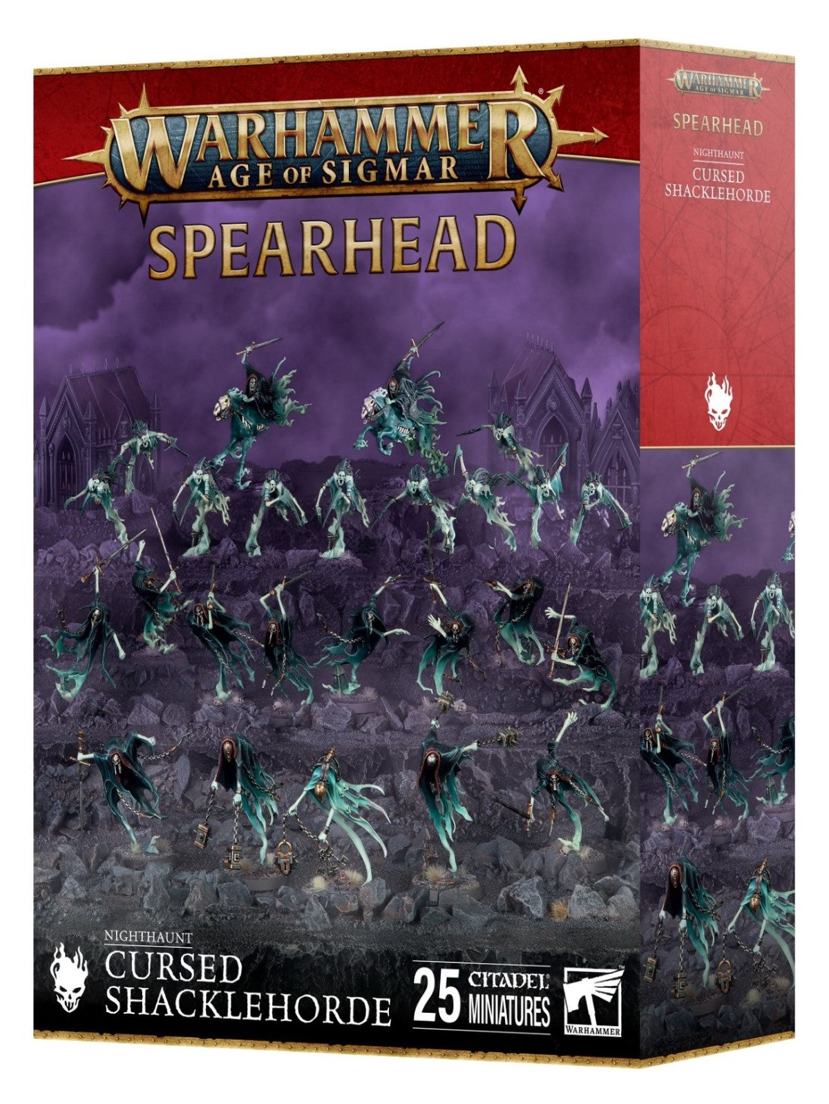 Warhammer AoS Spearhead: Nighthaunt Cursed Shacklehorde box displaying 25 spectral ghost miniatures