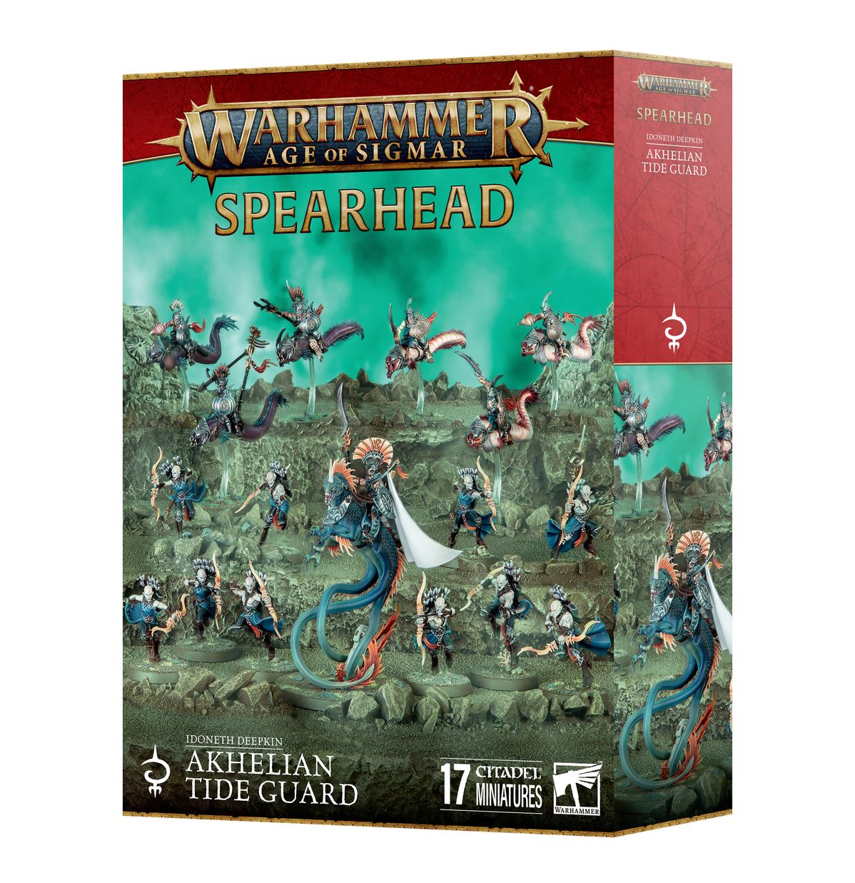 Warhammer Age of Sigmar Spearhead box displaying 17 Akhelian Tide Guard elf warriors and eel-riders miniatures