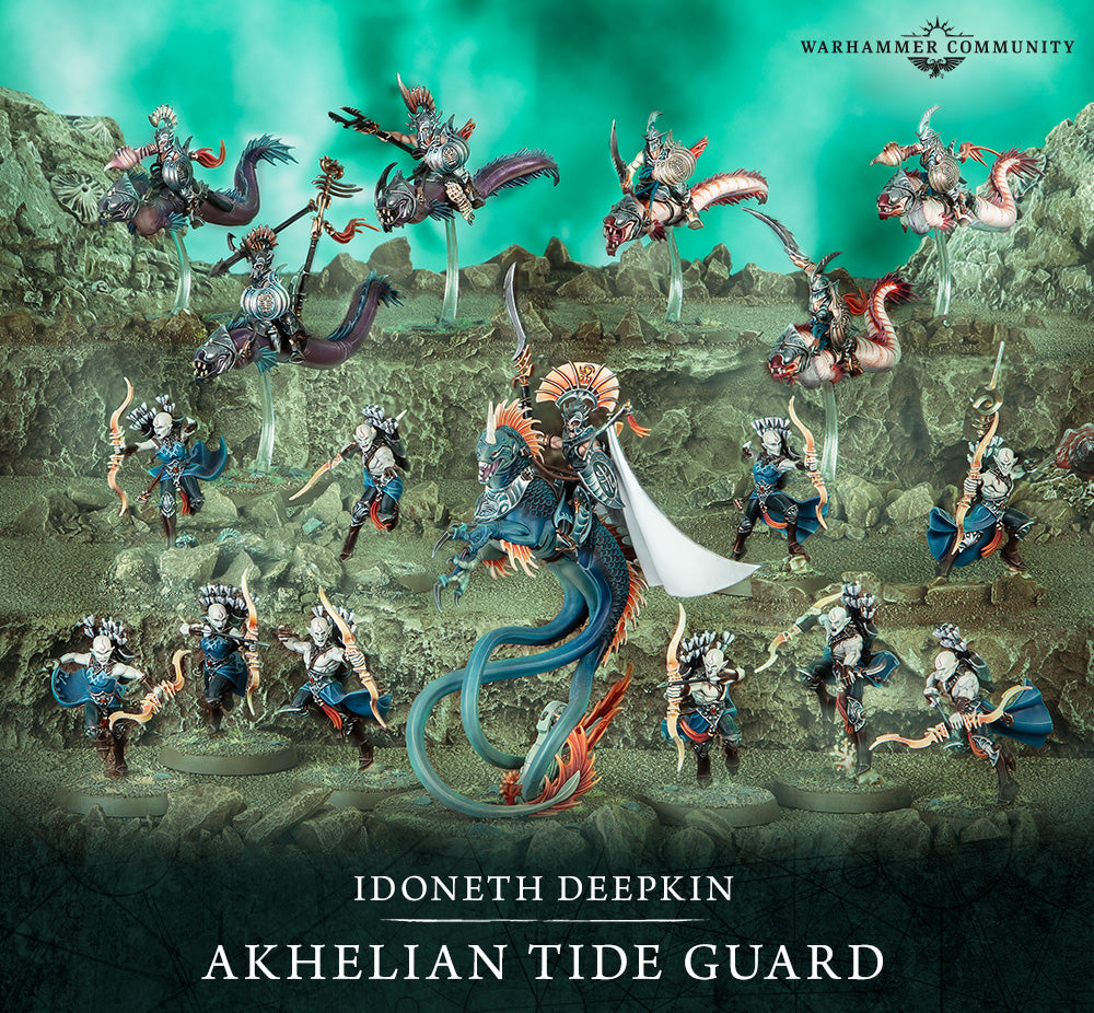 Warhammer Idoneth Deepkin Akhelian Tide Guard miniatures: mounted warriors on sea beasts and infantry with bows and swords