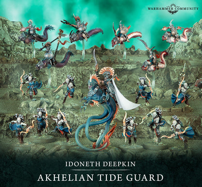 Warhammer Idoneth Deepkin Akhelian Tide Guard miniatures: mounted warriors on sea beasts and infantry with bows and swords