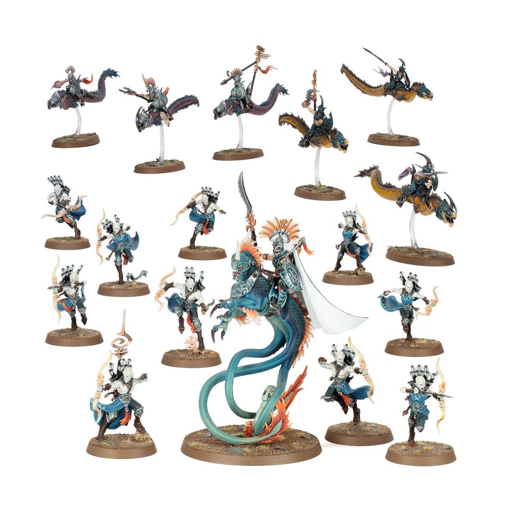 Painted Idoneth Deepkin fantasy miniatures: elves on eels, one large figure on a blue sea monster, and archers on foot