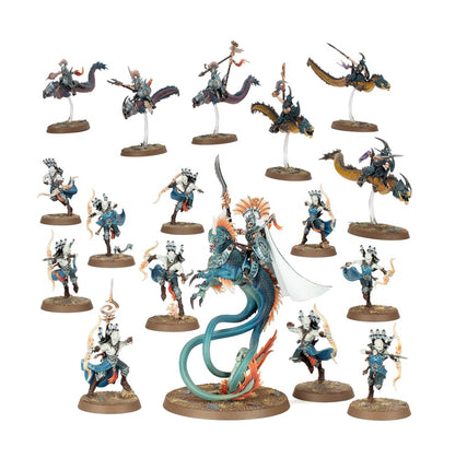 Painted Idoneth Deepkin fantasy miniatures: elves on eels, one large figure on a blue sea monster, and archers on foot