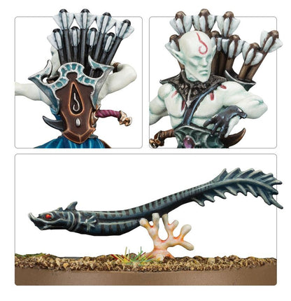 Two painted fantasy miniatures: A pale elf archer with a quiver and a dark, eel-like creature on a scenic base