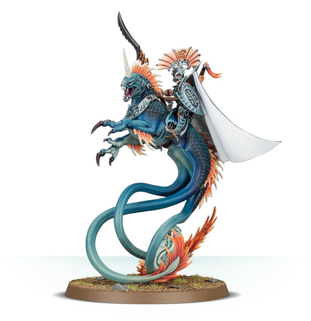 A miniature of an armored elf riding a rearing, blue, scaly draconic beast with orange fins, holding a spear and shield