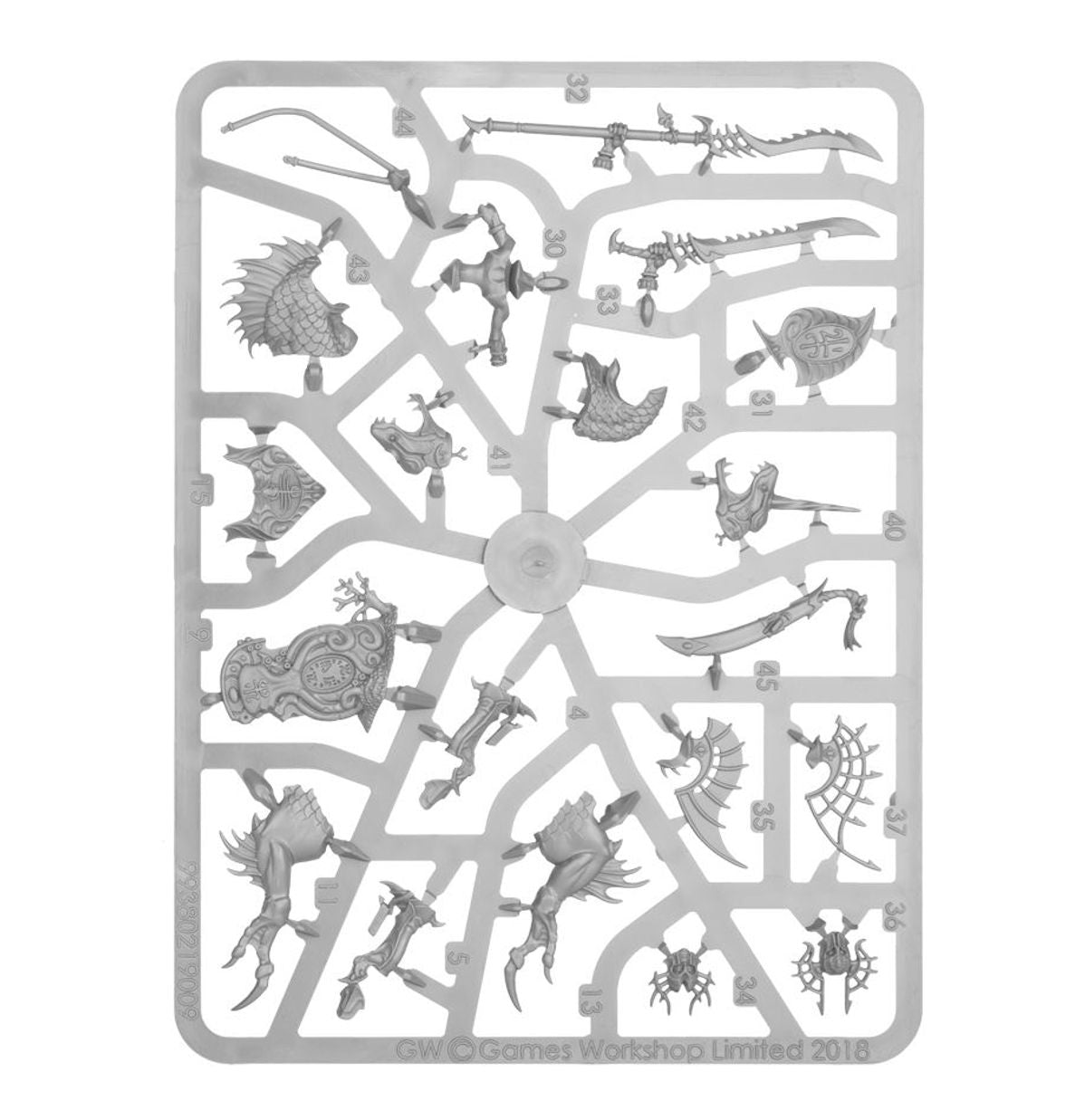 A grey plastic sprue holding numerous unpainted fantasy wargaming miniature components, ready for assembly
