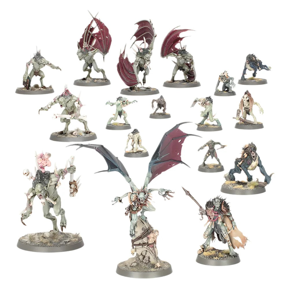 Painted wargaming miniatures: a large group of feral ghouls, bat-winged horrors and undead monsters