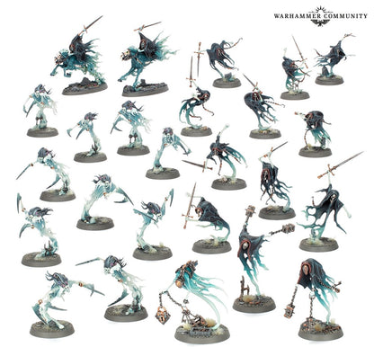 Dozens of ghostly Warhammer Nighthaunt undead miniatures, floating and holding weapons