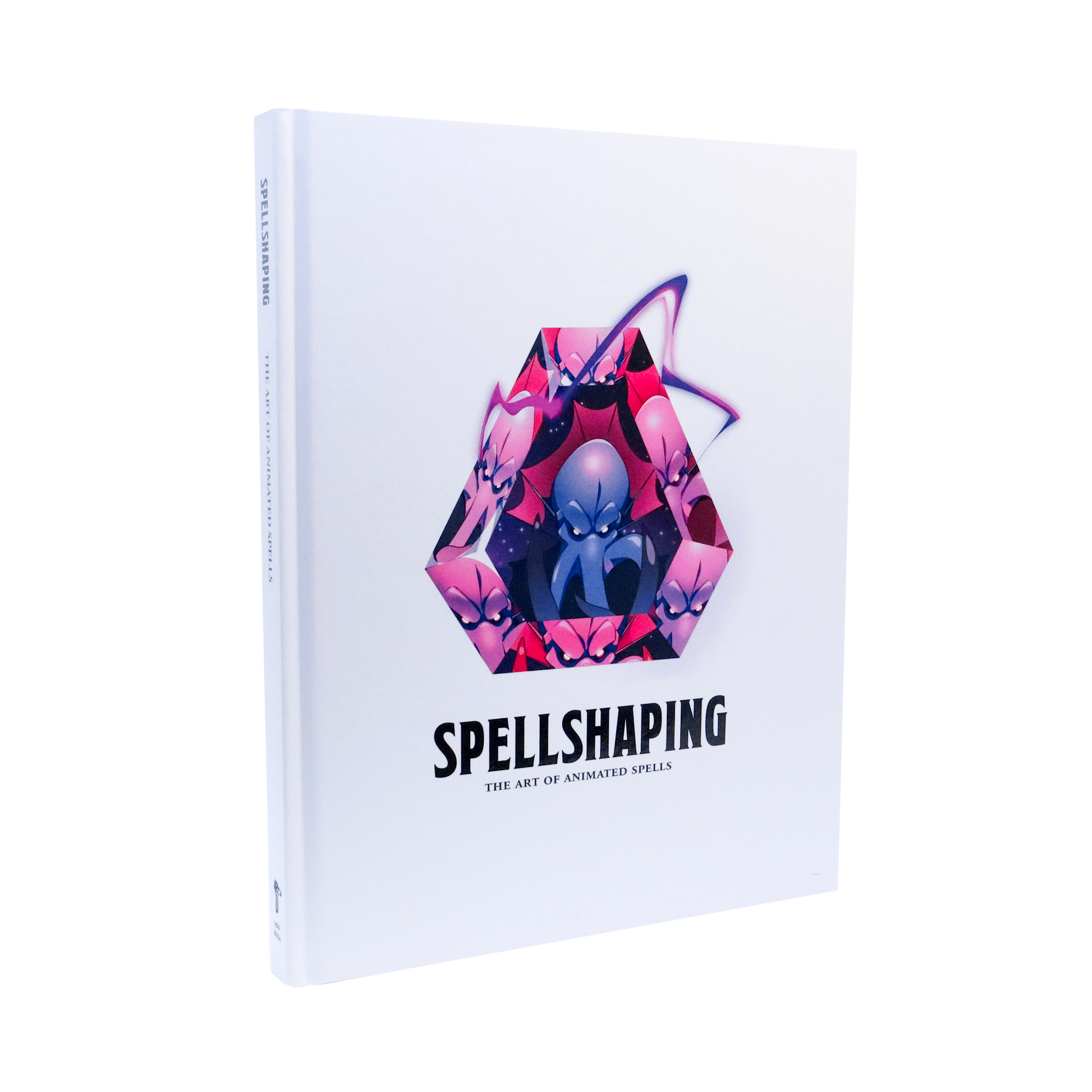 White "Spellshaping" book, Cover: blue creature framed by pink monsters in a geometric cutout with purple animated spell effects