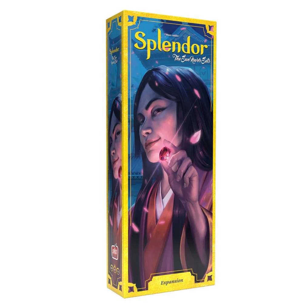 Splendor: The Sun Never Sets expansion box. A woman holds a sparkling red gem
