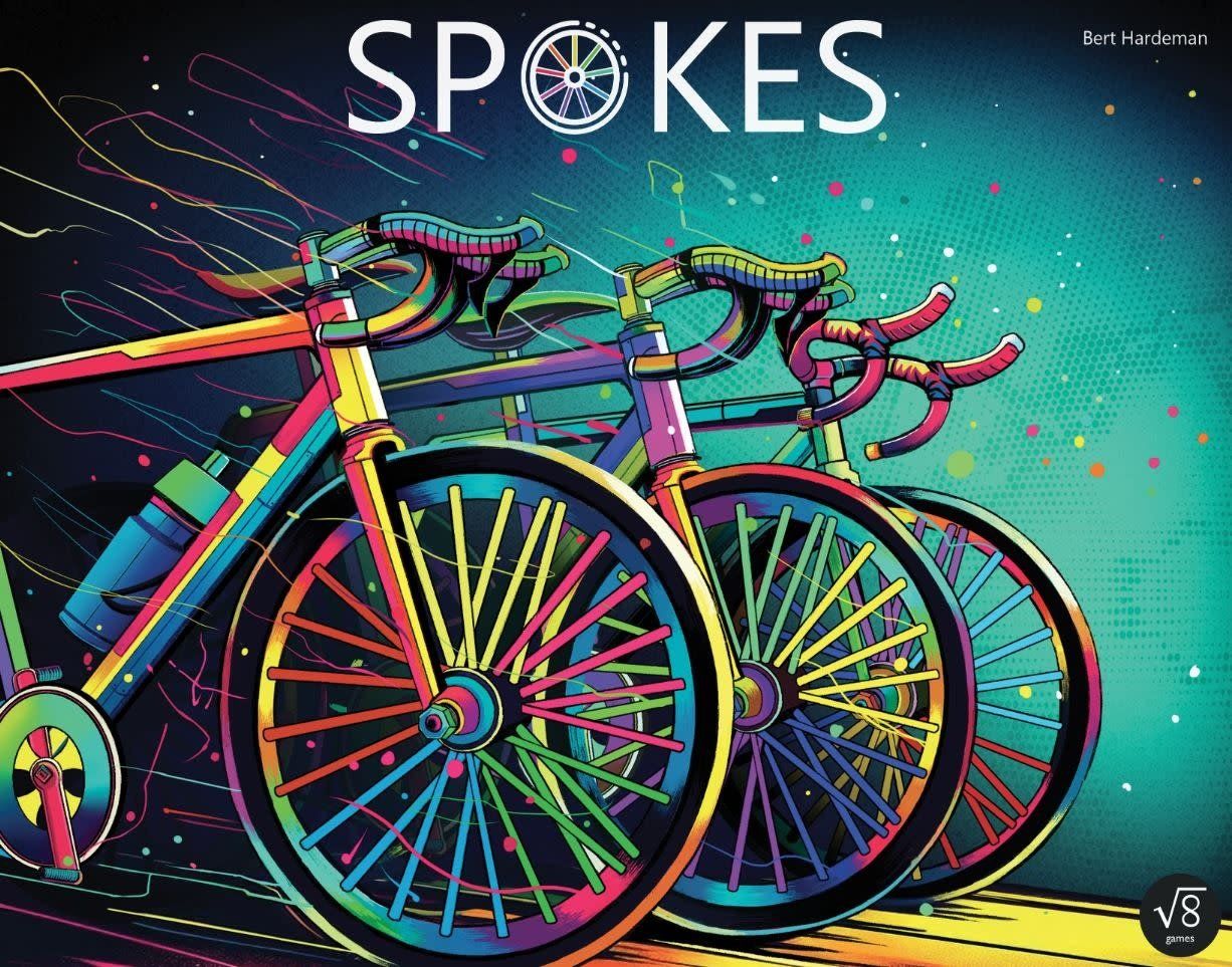 Colorful, stylized illustration of three racing bicycles on a dark background with vibrant motion streaks. Title: SPOKES