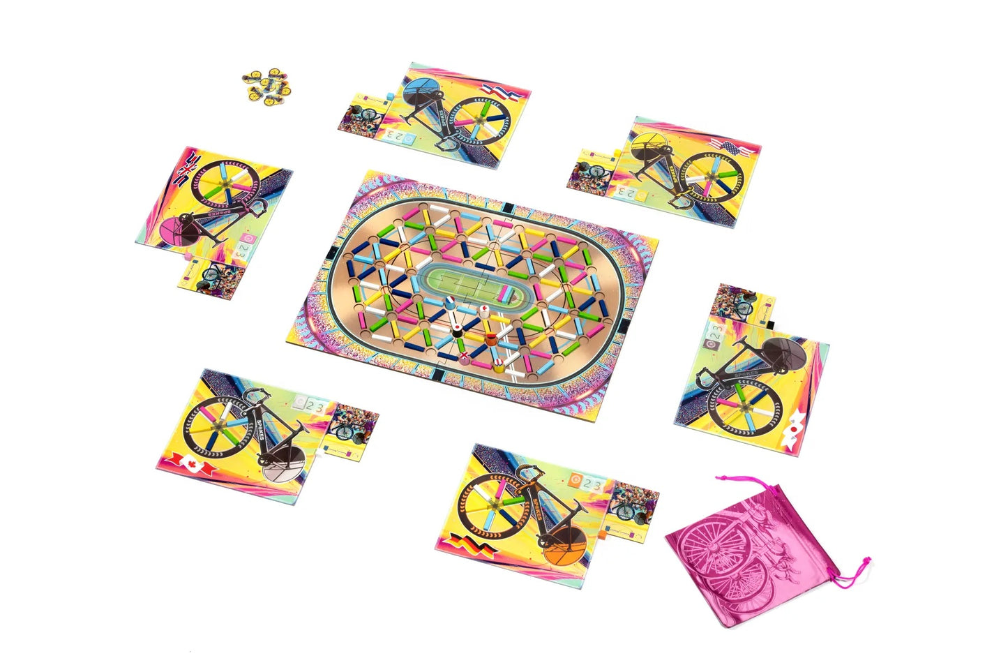 A vibrant bicycle racing board game with an oval track, colorful pieces, illustrated bicycle cards, and a pink bag